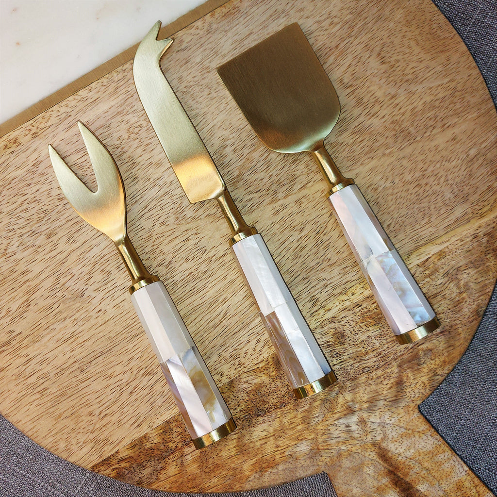 3 Piece Moti Cheese Set with Gold Finish Blade and Mother of Pearl Handle