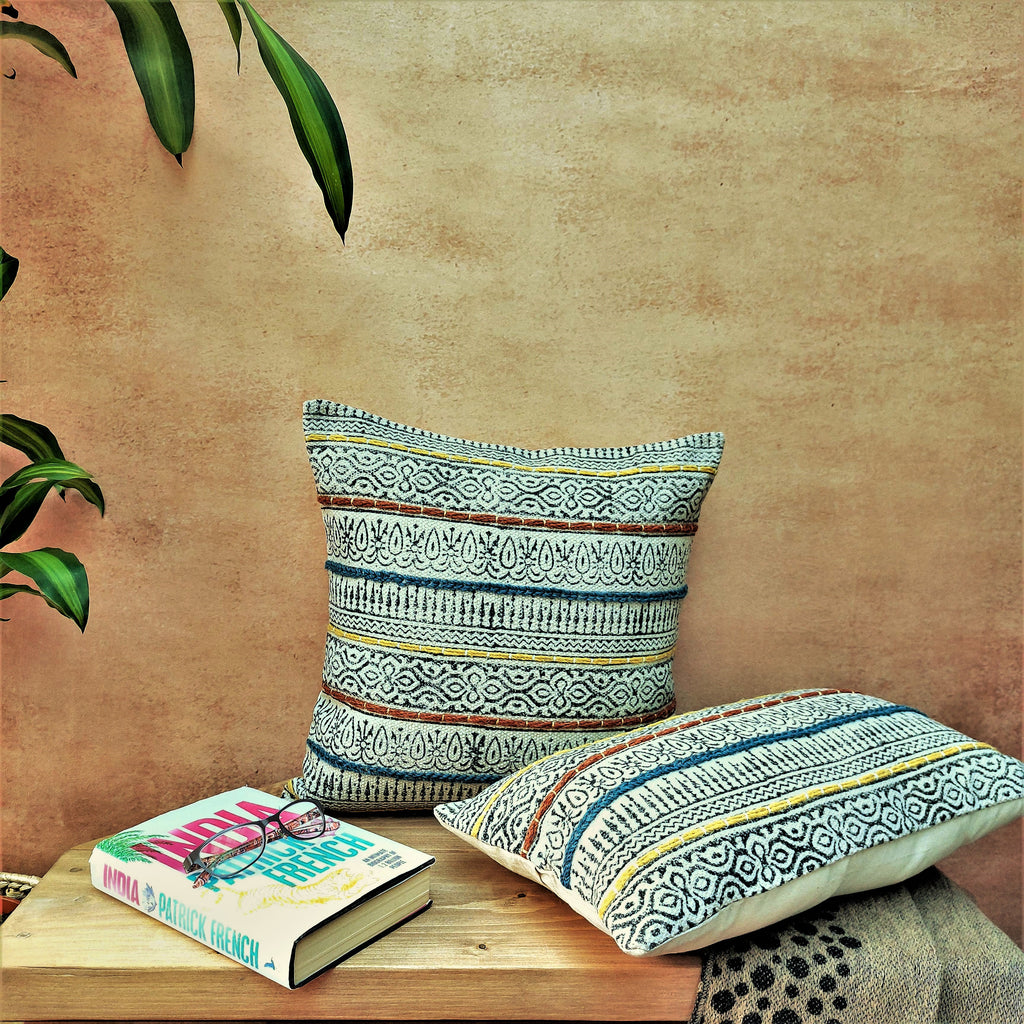 Perfectly Imperfect Chindi Block Printed Blue Cotton Cushion Cover