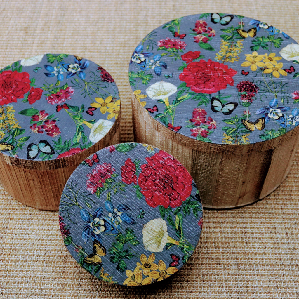 a set of three Kela Round Storage boxes with Grey Floral on them.