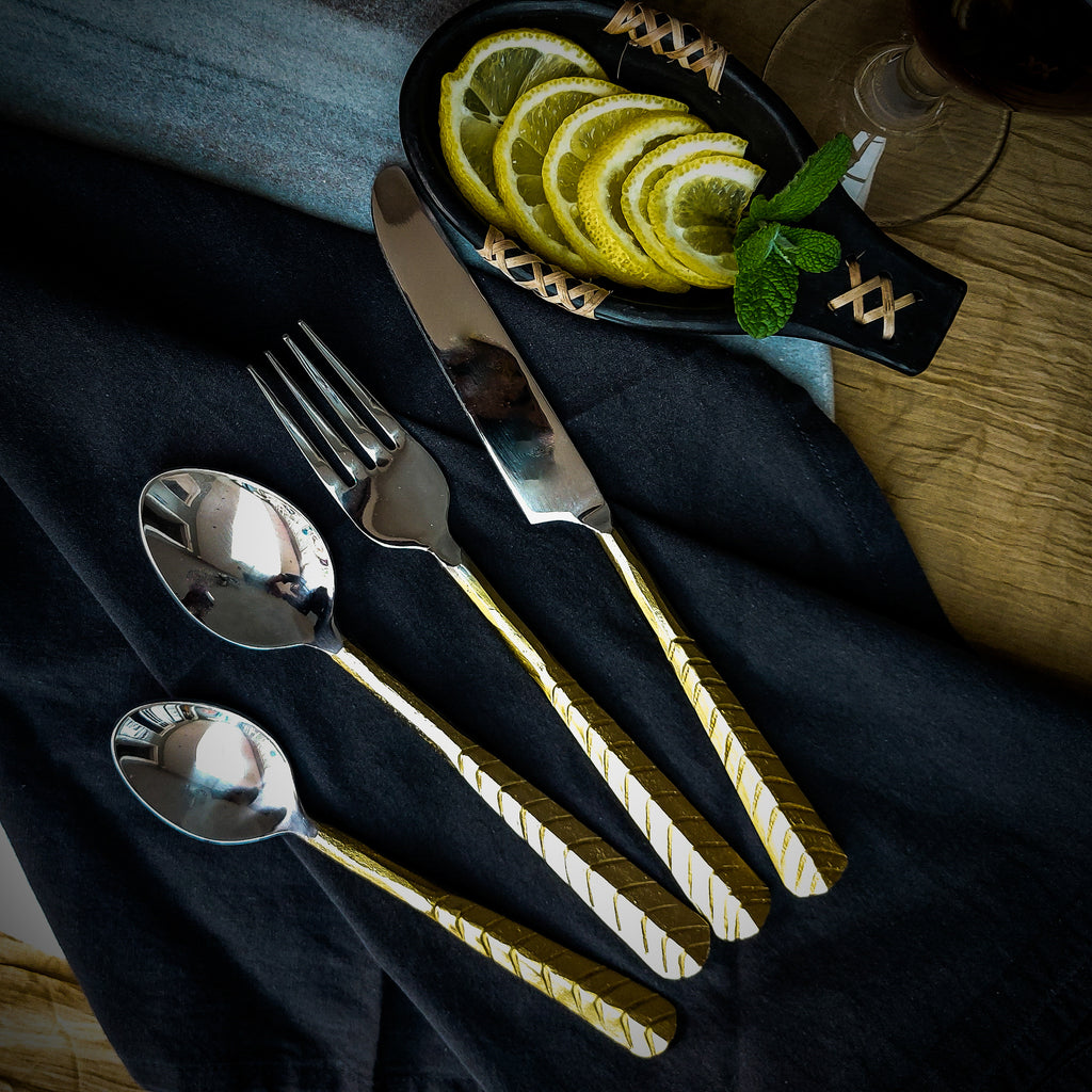 16 Piece (4 place setting) Rustic Gold Chevron Design Handcrafted Hand forged Steel Cutlery. Anav Home. 