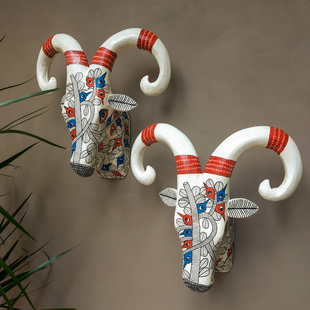 Gond Tribal Bird & Twig Handpainted Ram Head