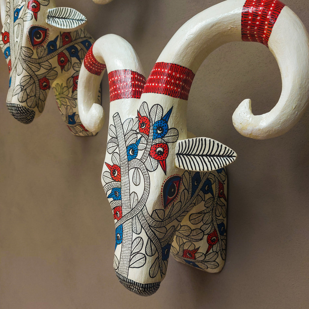 Gond Tribal Bird & Twig Handpainted Ram Head