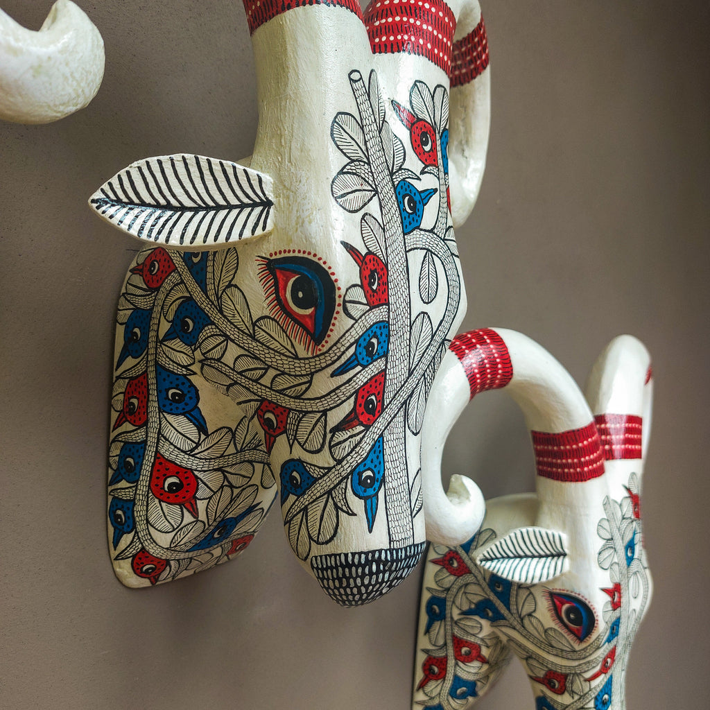 Gond Tribal Bird & Twig Handpainted Ram Head