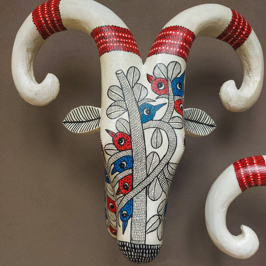 Gond Tribal Bird & Twig Handpainted Ram Head