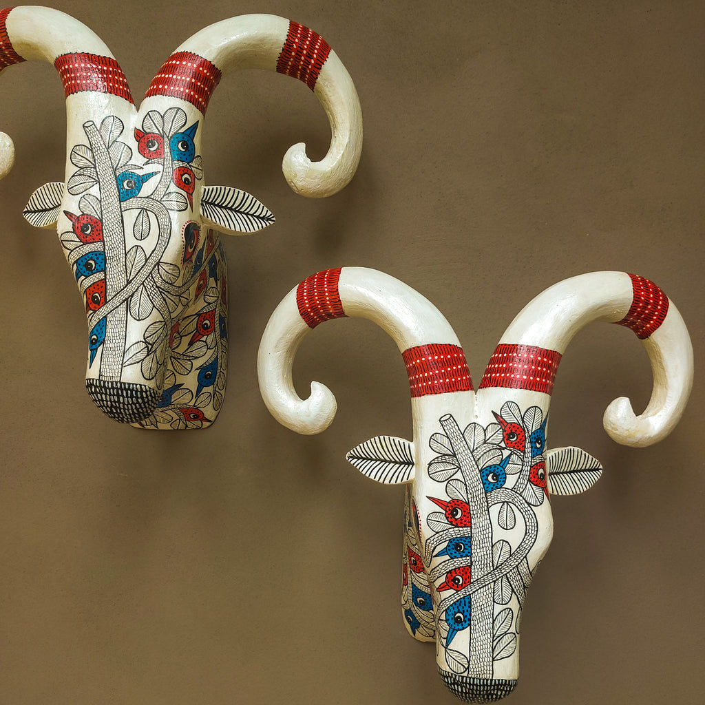 Gond Tribal Bird & Twig Handpainted Ram Head