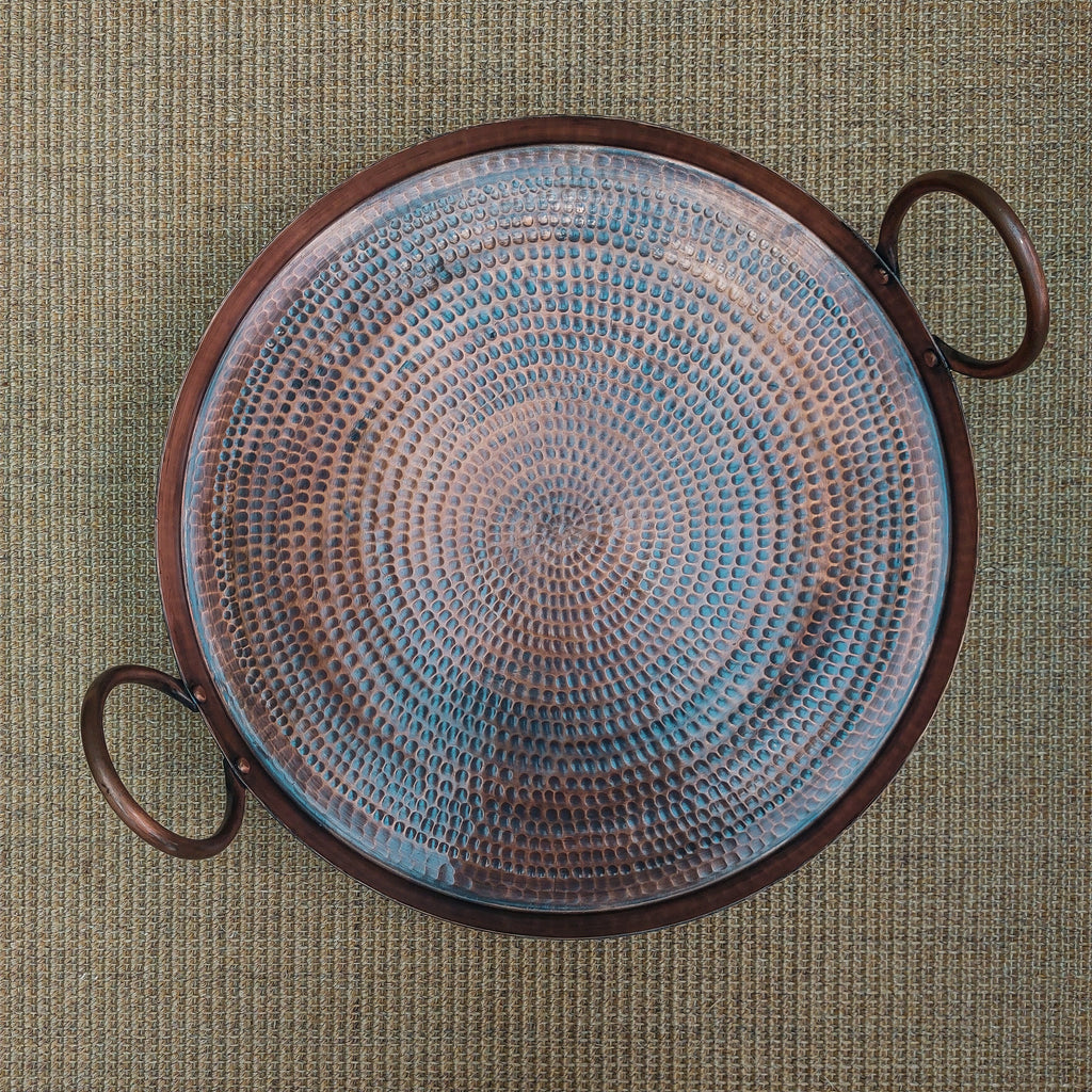 Hammered Antique Copper Round Tray with handle - Sample
