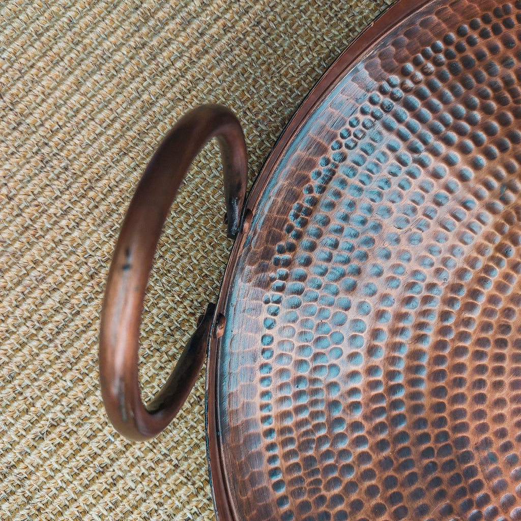 Hammered Antique Copper Round Tray with handle - Sample