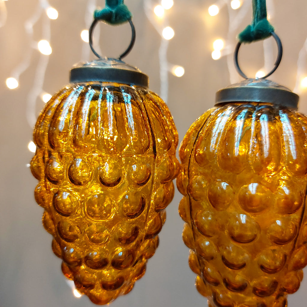 Translucent Gold Bubble pattern Handcrafted Glass baubles with green velvet hanging loop