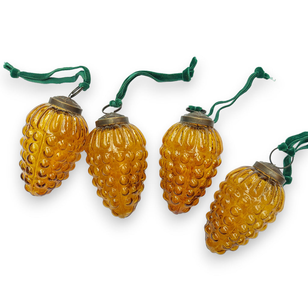 4 Translucent Gold Bubble pattern Handcrafted Glass baubles with green velvet hanging loop