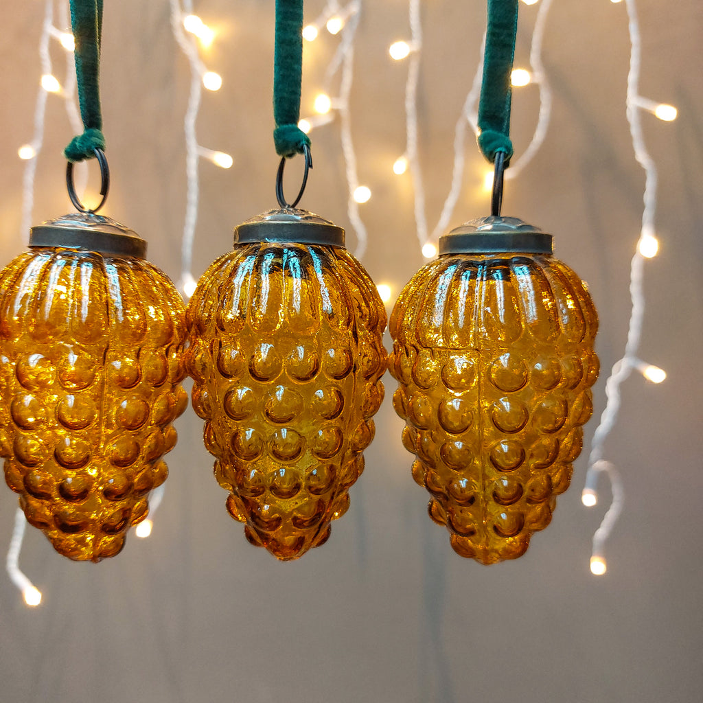 Translucent Gold Bubble pattern Handcrafted Glass baubles with green velvet hanging loop