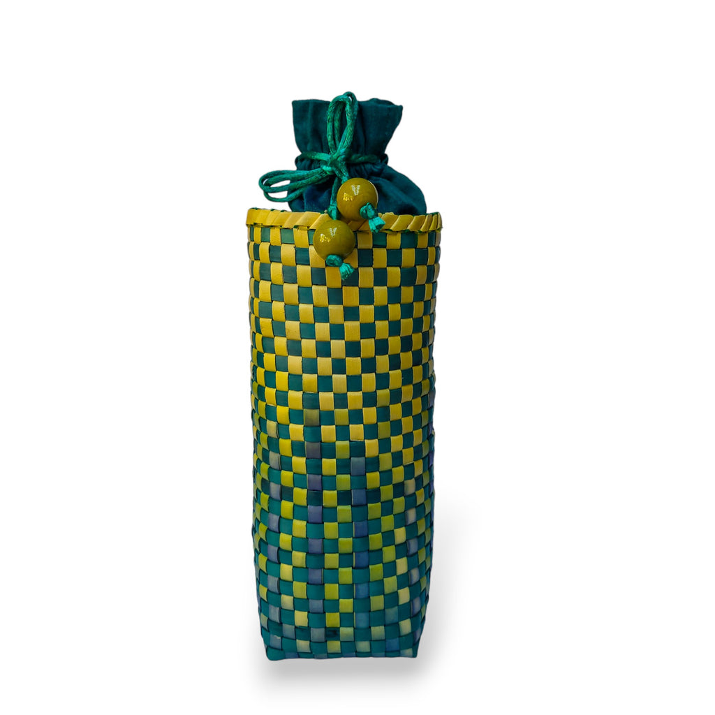 Green Palm Leaf and Silk Wine Bottle Gift Bag - Sample