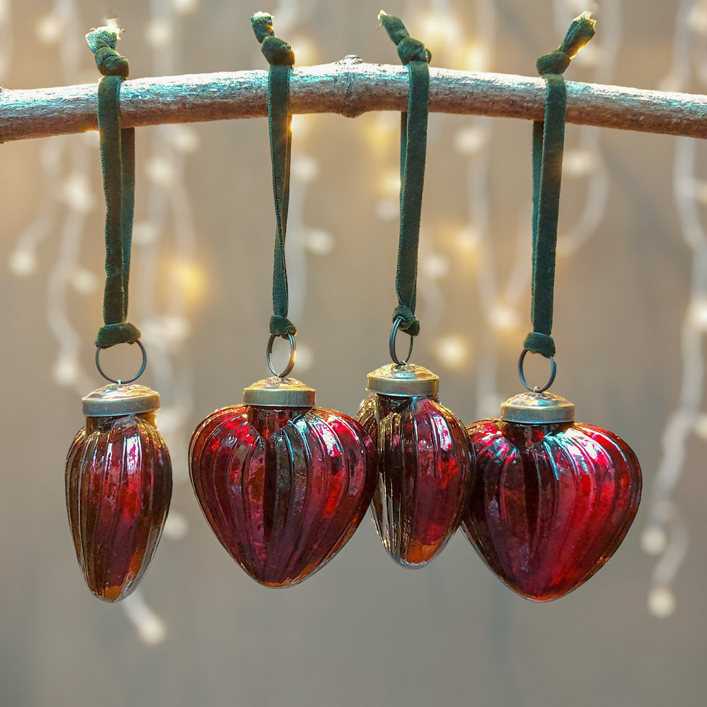 4 Handcrafted red heart shaped glass Christmas baubles with cotton velvet hanging loop