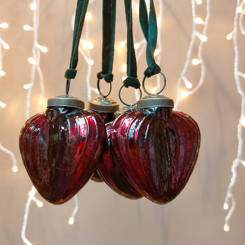 4 Red Heart shaped handcrafted glass baubles with green cotton velvet hanging loops for decorating Christmas tree