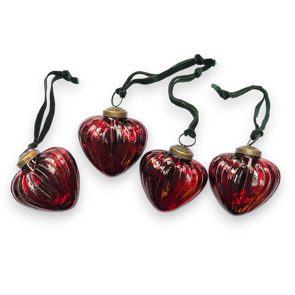 4 Handcrafted Heart Shaped Glass Baubles with Green Cotton Velvet Hanging Loop