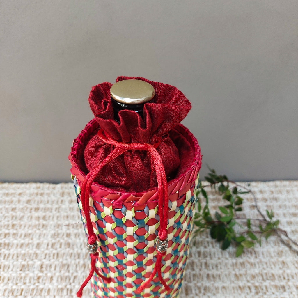Red Palm Leaf and Silk Wine Bottle Gift Bag - Sample