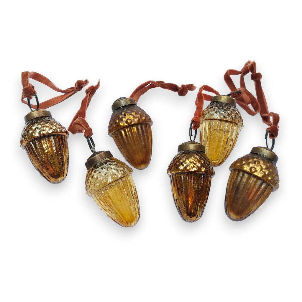 Set of 6 Amber coloured Handcrafted glass baubles in acorn shape with bronze velvet hanging loop
