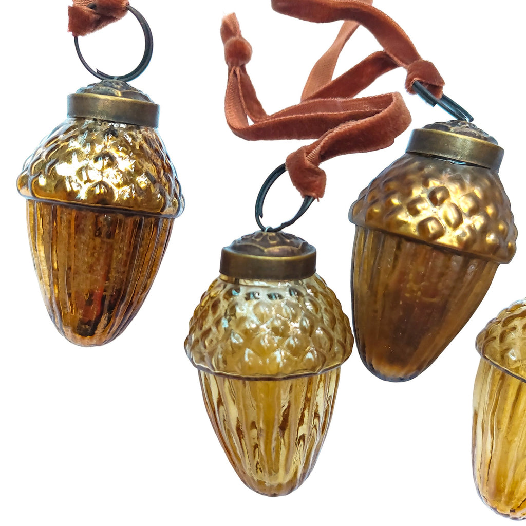 Amber coloured Handcrafted glass baubles in acorn shape with bronze velvet hanging loop