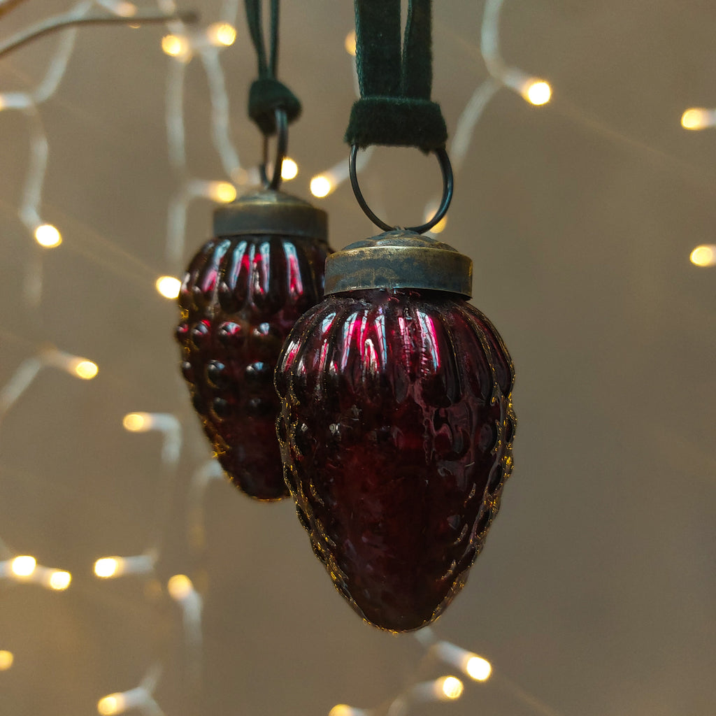 red grape shaped handcrafted glass baubles with velvet hanging loop