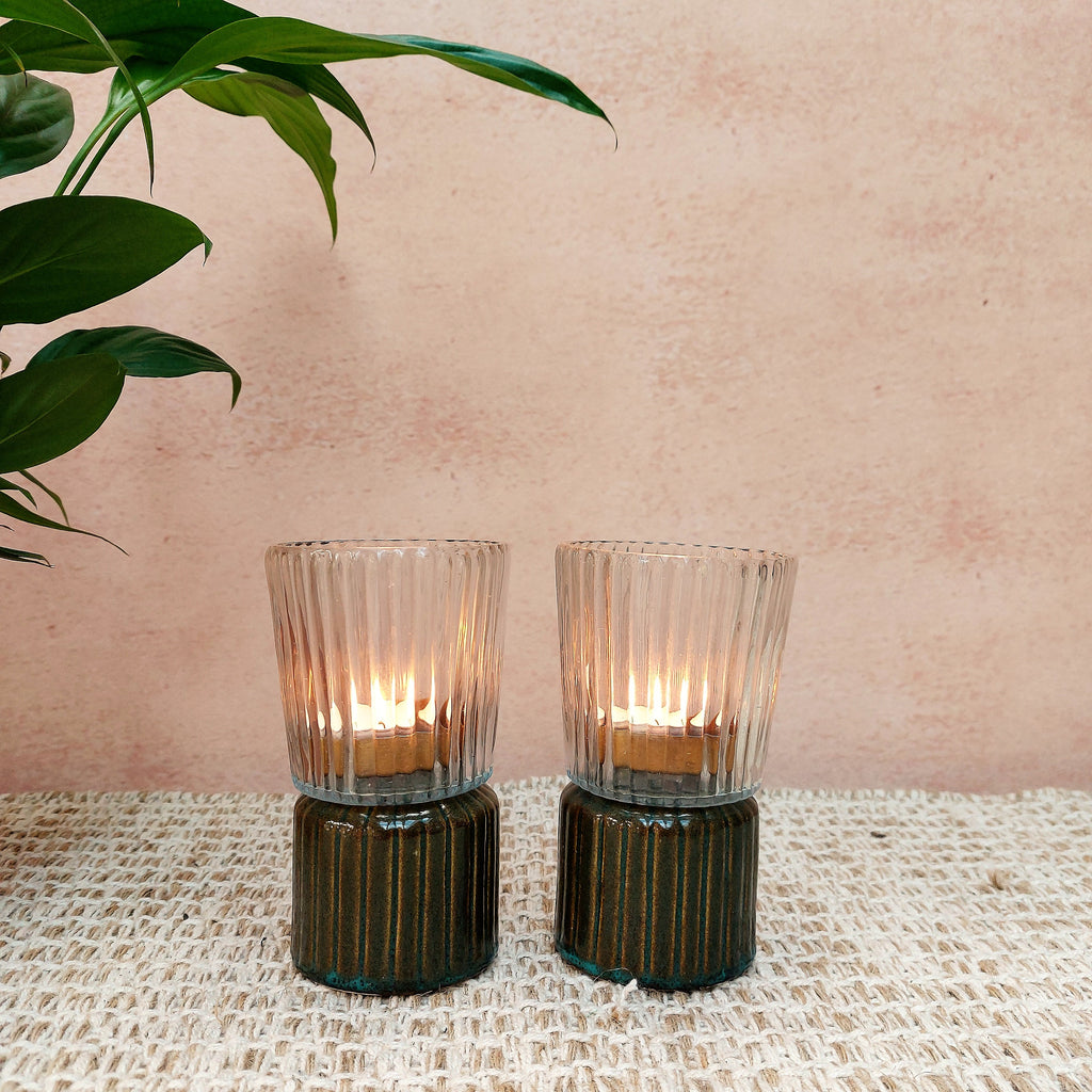 Chirag Ribbed Glass Tealight Candle Holders - set of 2