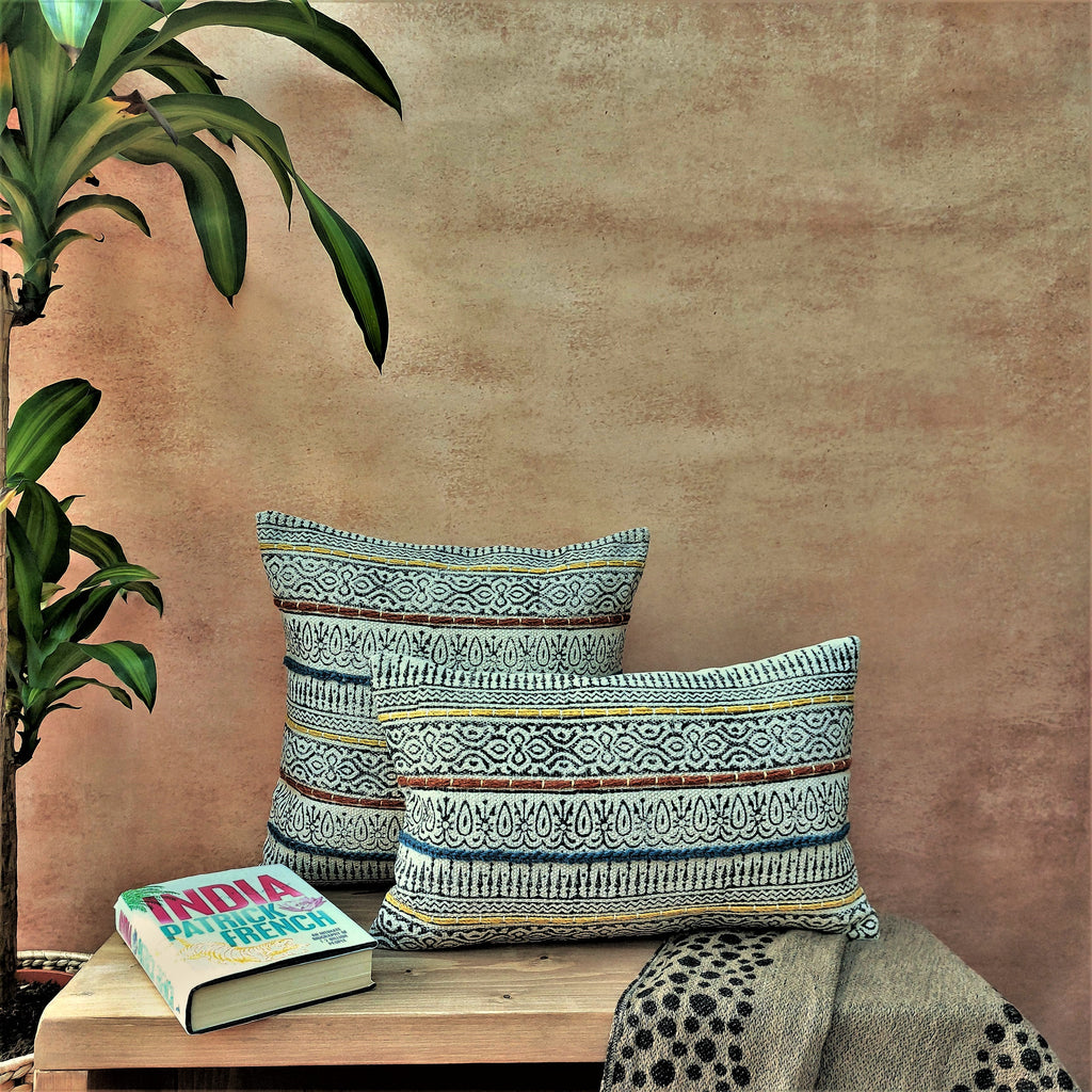 Perfectly Imperfect Chindi Block Printed Blue Cotton Cushion Cover