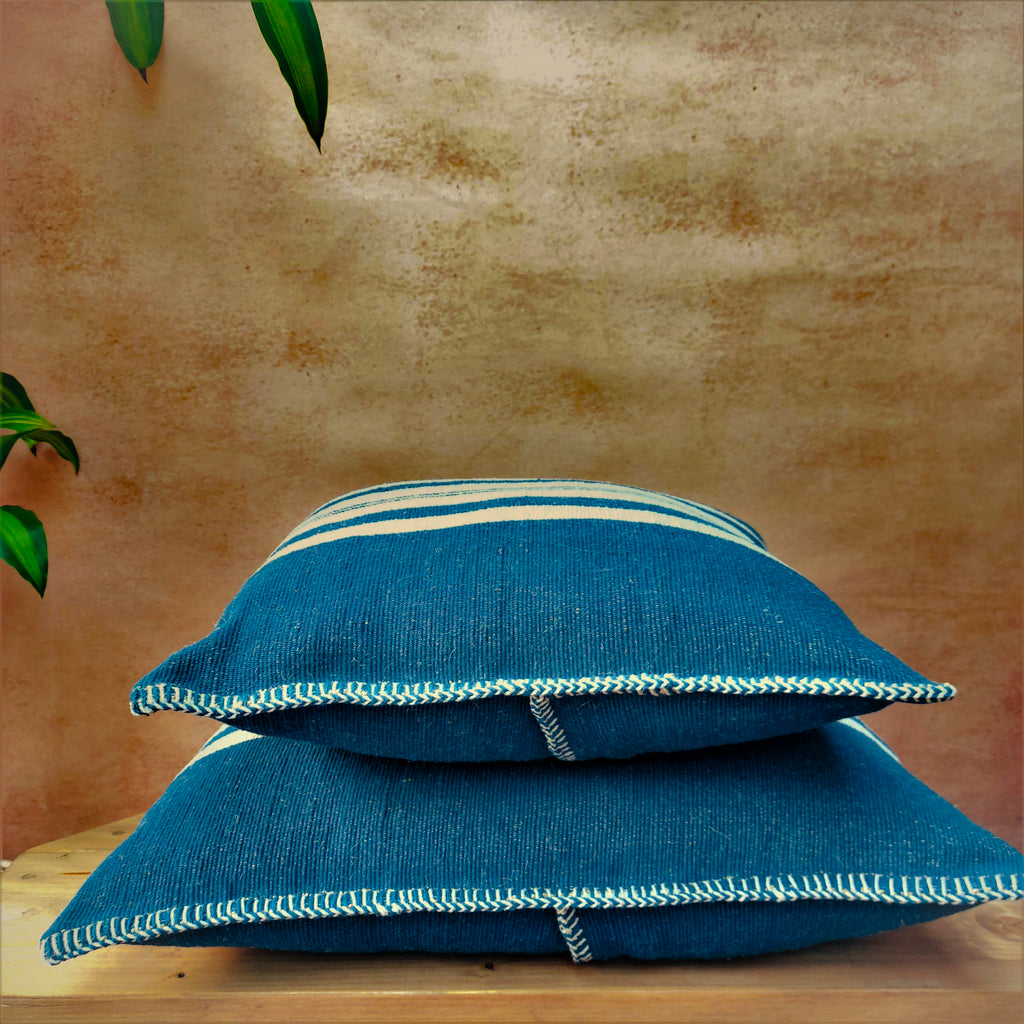 Neel Striped Blue Cotton & Jute Cushion Cover