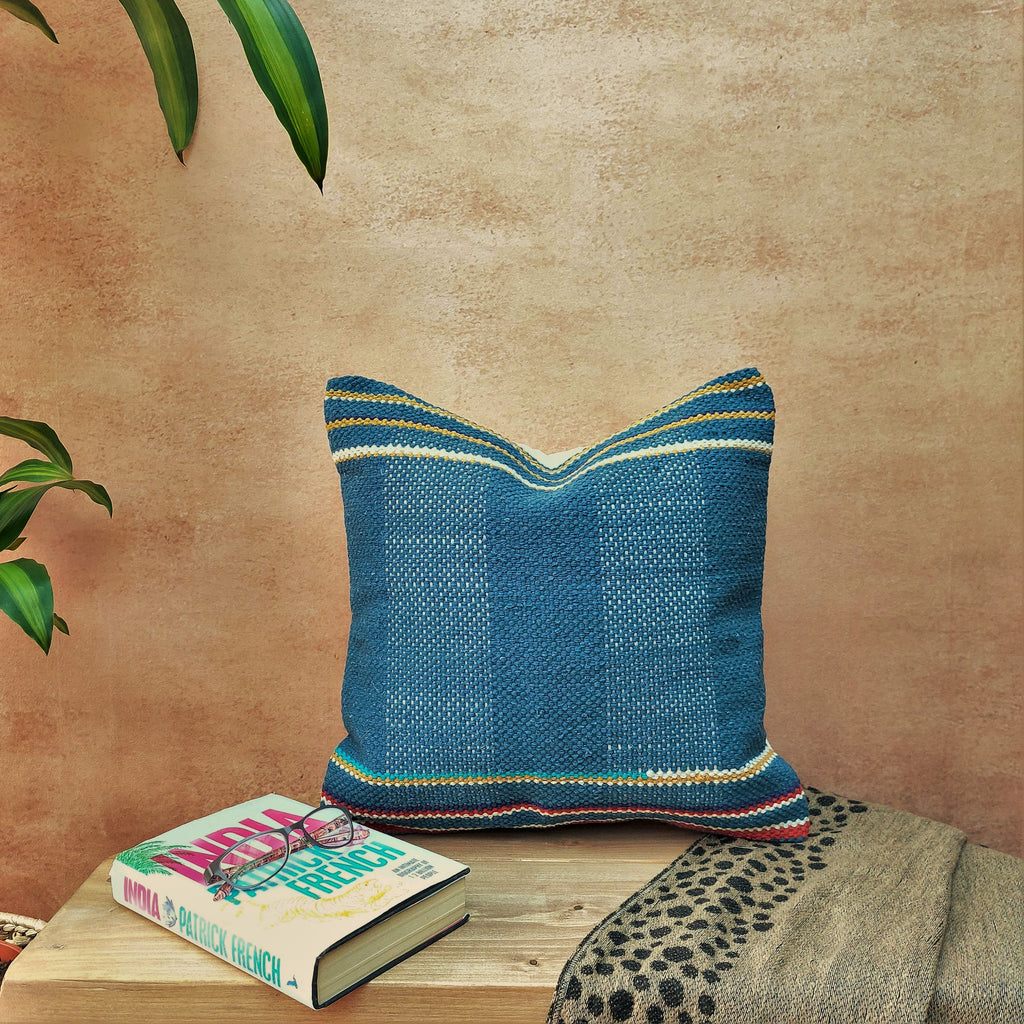 Perfectly Imperfect Jaipur Handwoven Denim Blue Dhurrie Cotton Cushion Cover
