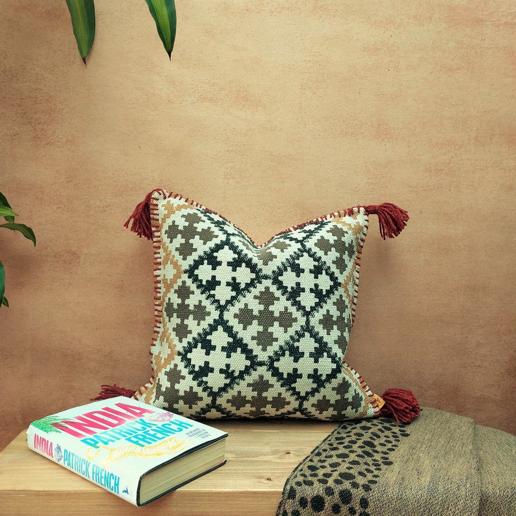 Perfectly Imperfect Palki Block Printed Cotton Cushion Cover with Tassels