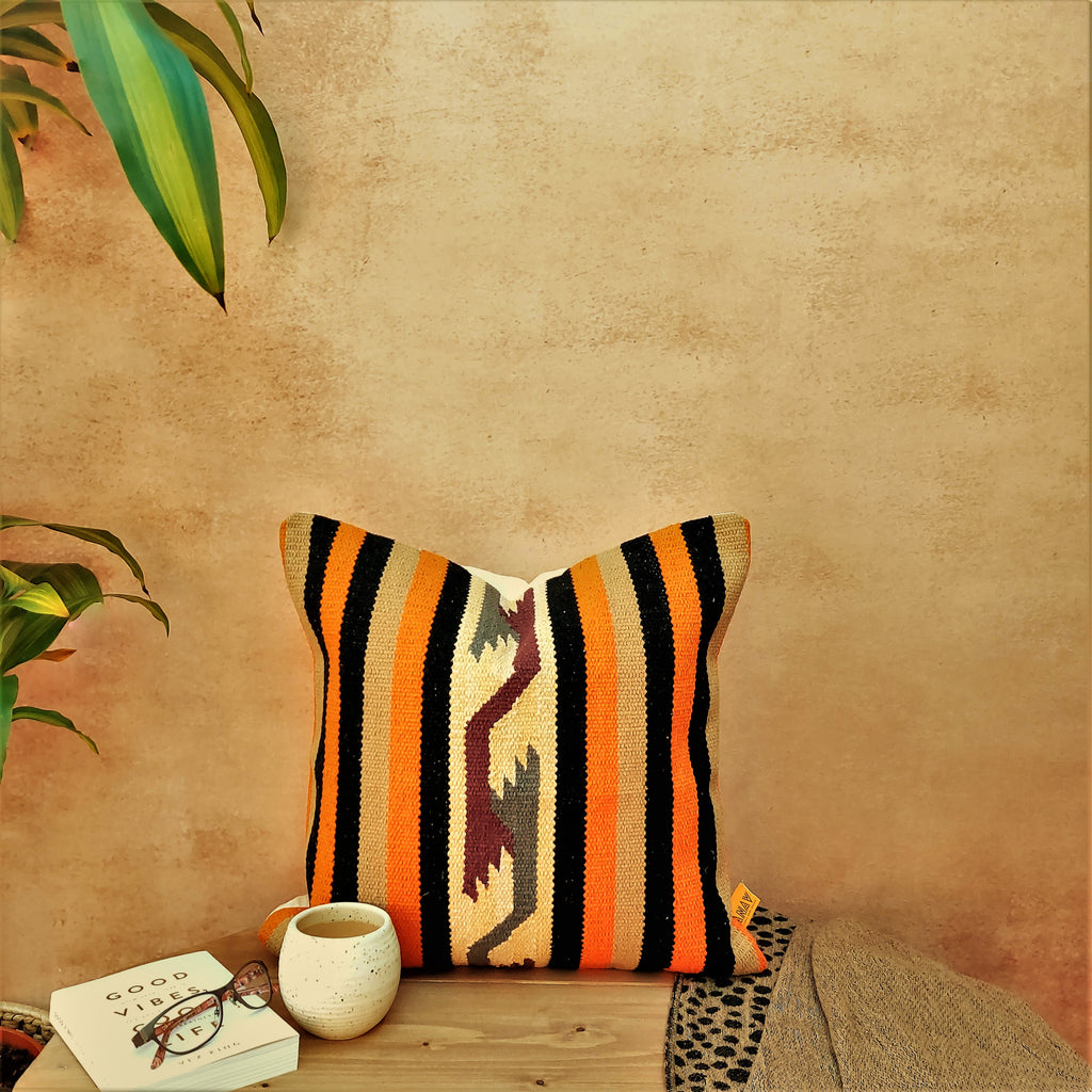 Perfectly Imperfect Jaipur Handwoven Striped Dhurrie Cotton Cushion Cover
