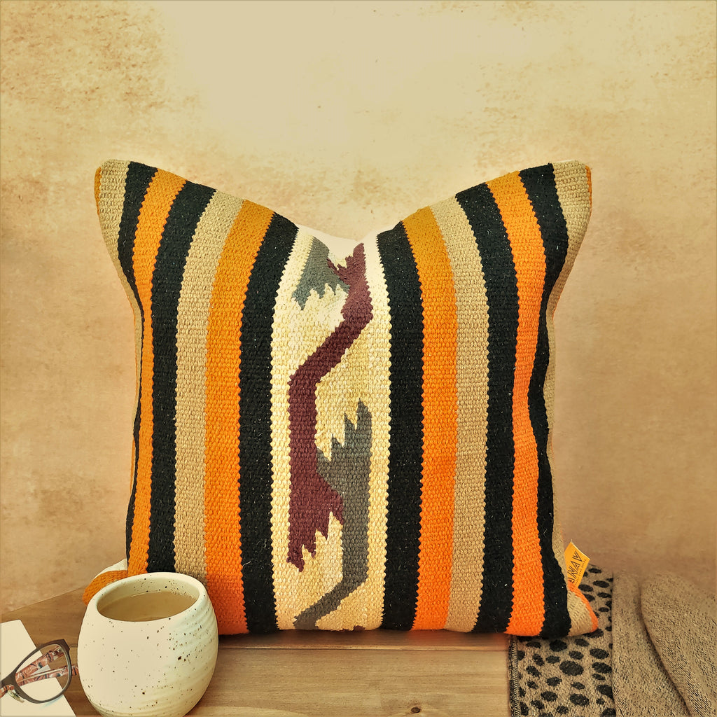 Perfectly Imperfect Jaipur Handwoven Striped Dhurrie Cotton Cushion Cover