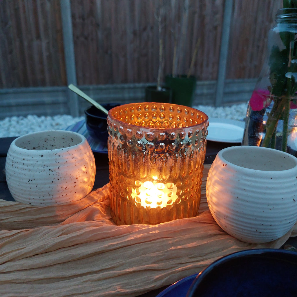 Anav yellow handmade glass tumbler shaped tealight candle holder in bubble pattern and silver on the rim