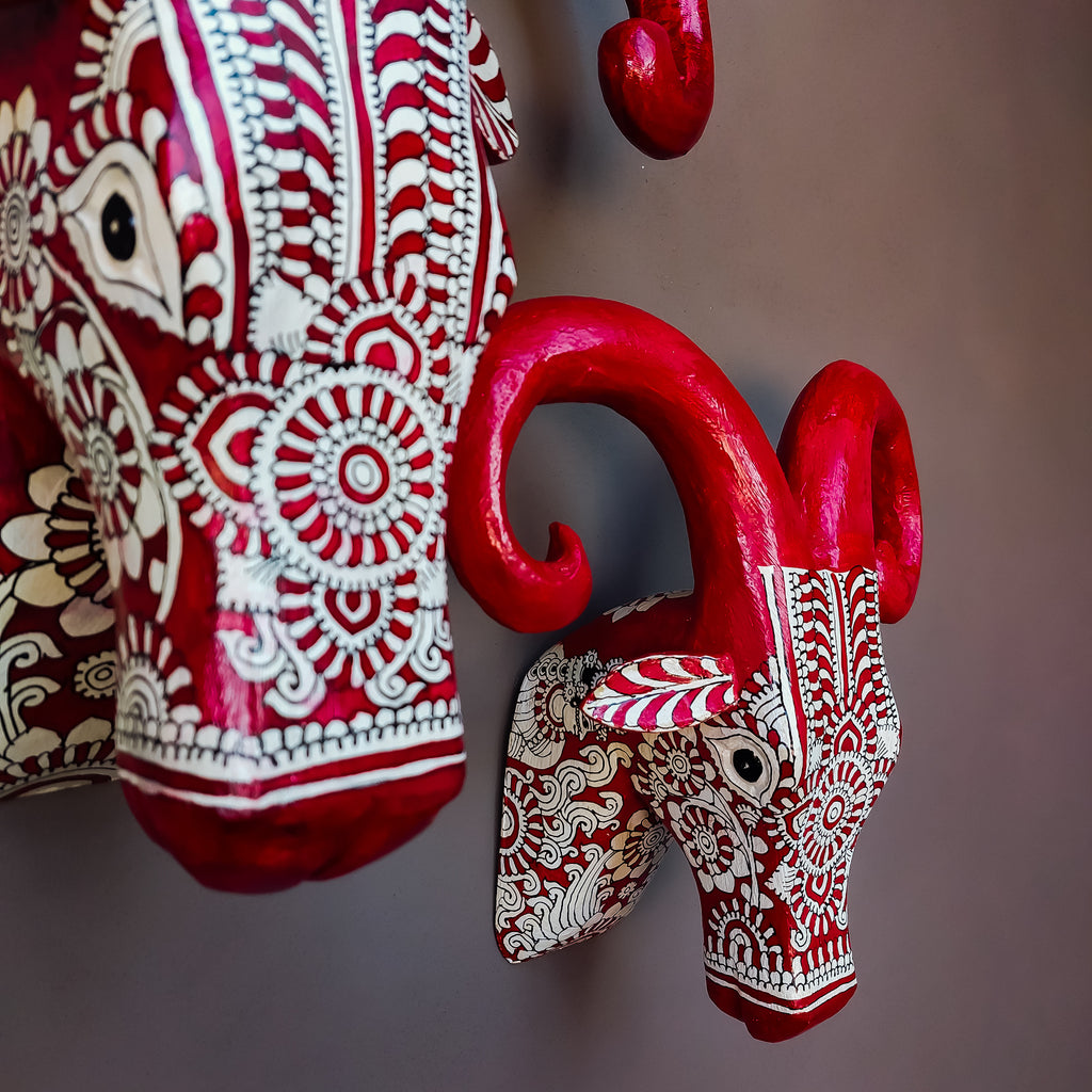 Tholu Tribal Handpainted Ram Head - Red & White
