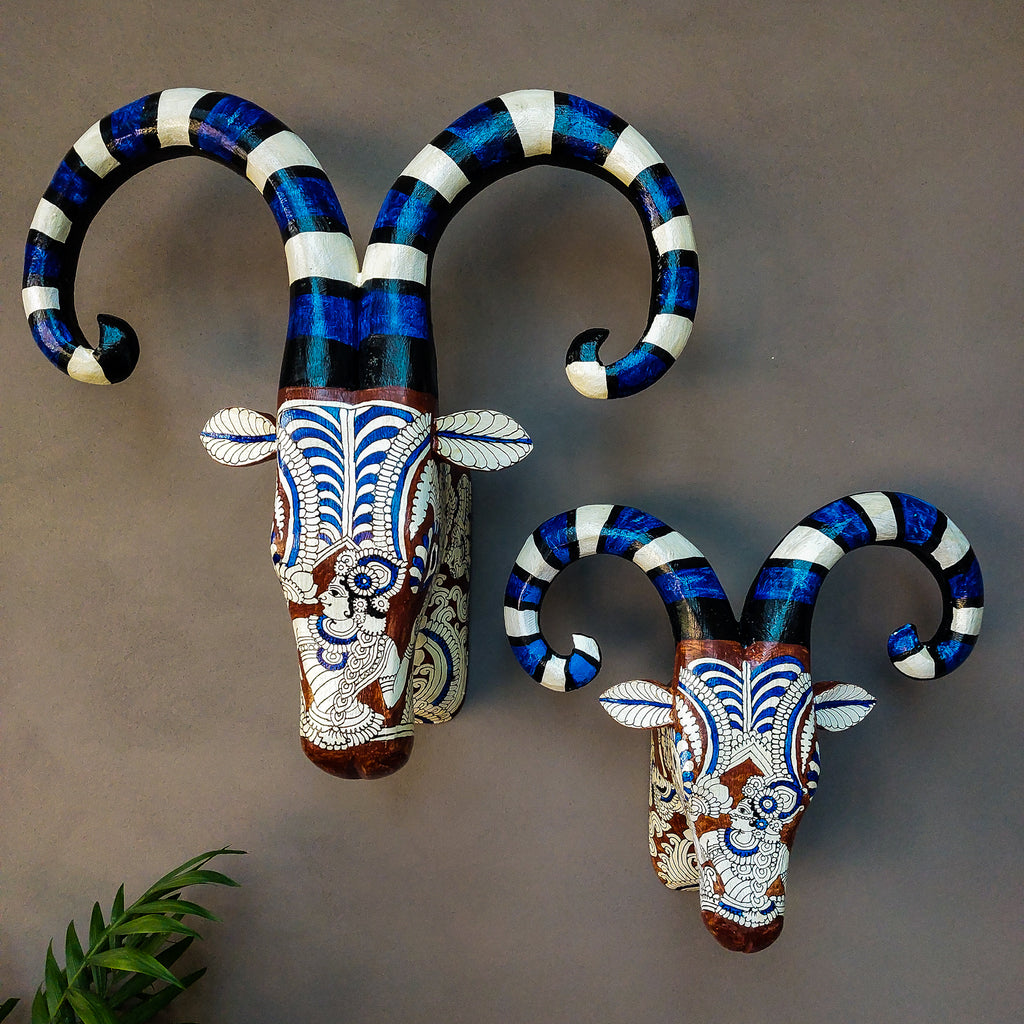 Tholu Tribal Handpainted Ram Head - Blue & Natural