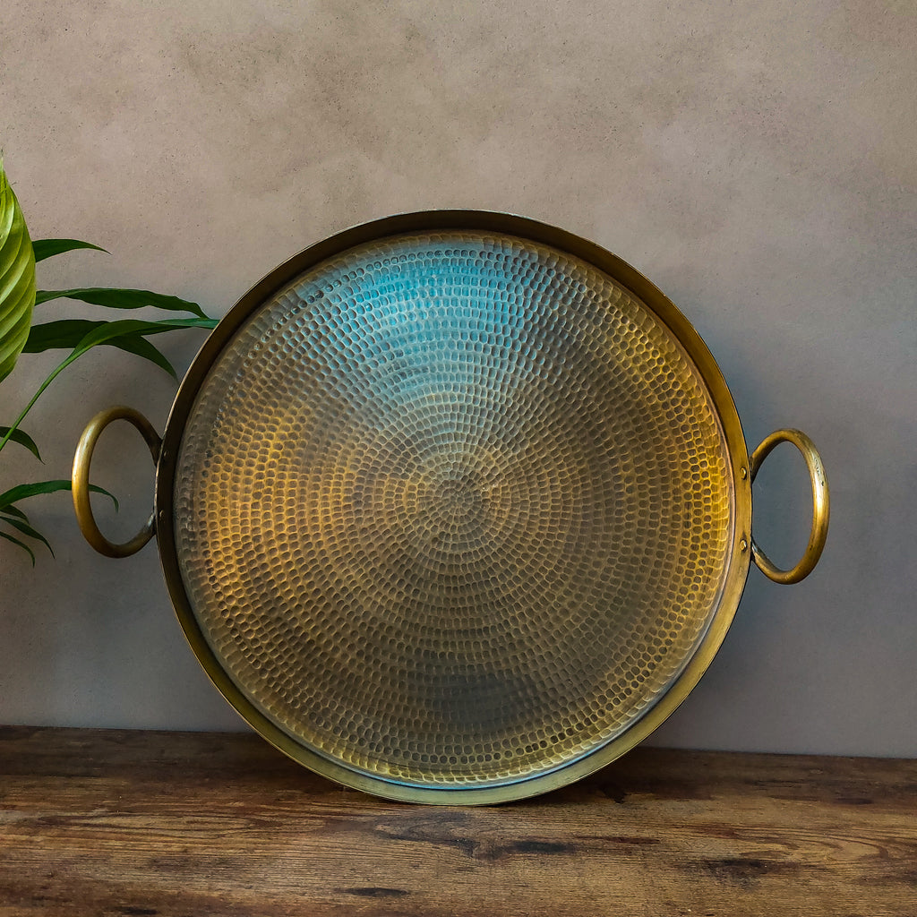 Hammered Brass Round Tray with handle - Sample
