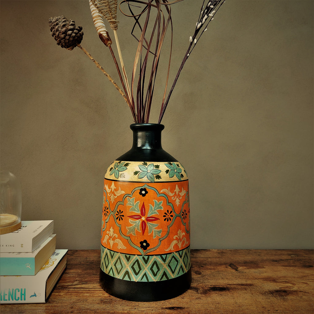 Mitti Terracotta Handpainted Black Floral Vase