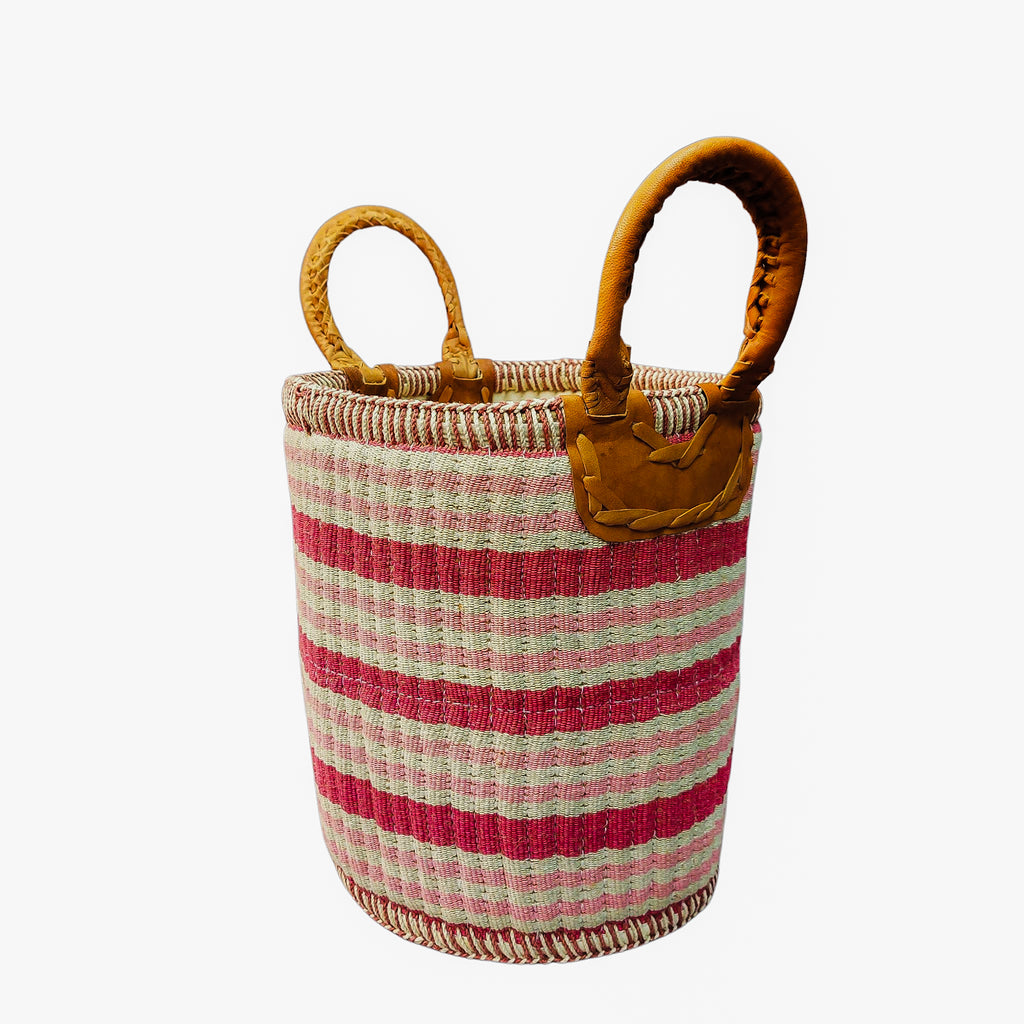 A Gulabi Striped Pink Cotton & Jute Handloom Basket with handles on a white background.