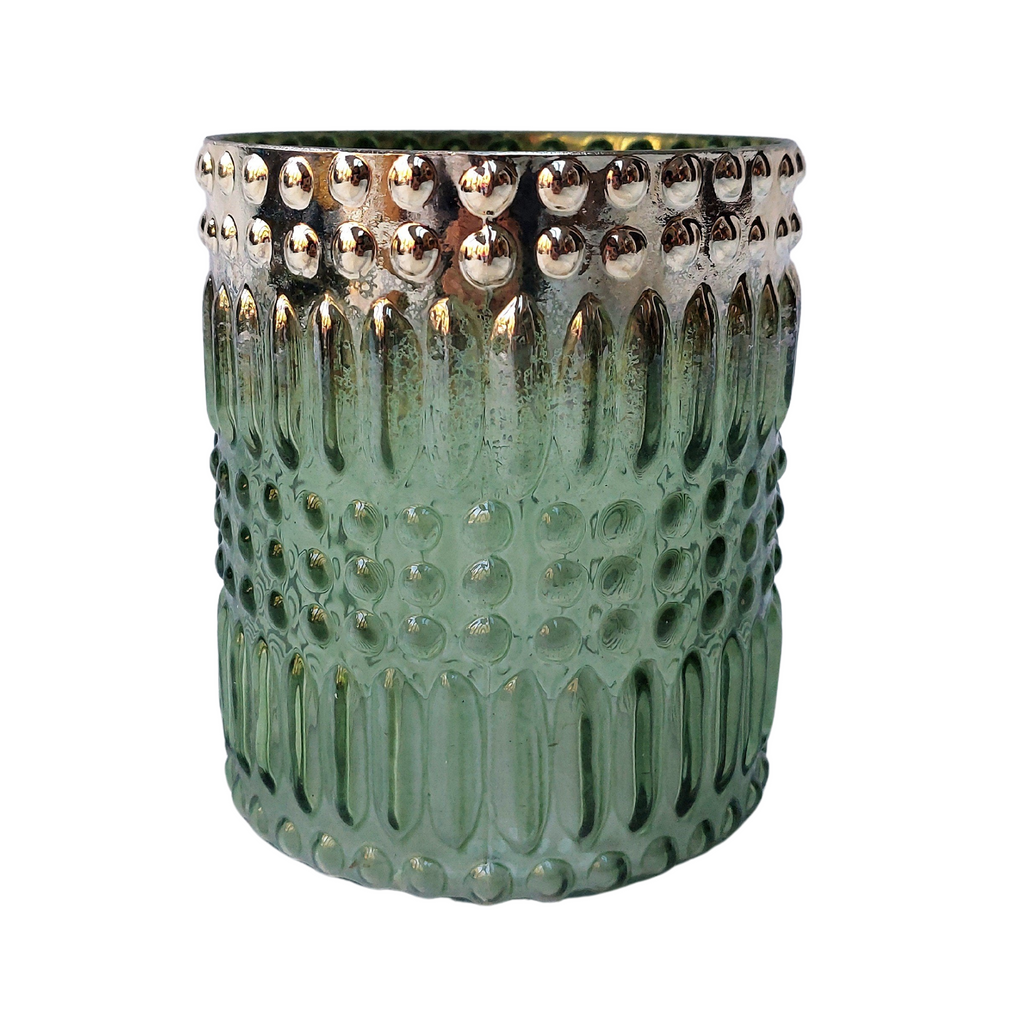 Anav Handmade glass tumbler shaped green tealight holder with bubble pattern and silver finish on the rim in a white background