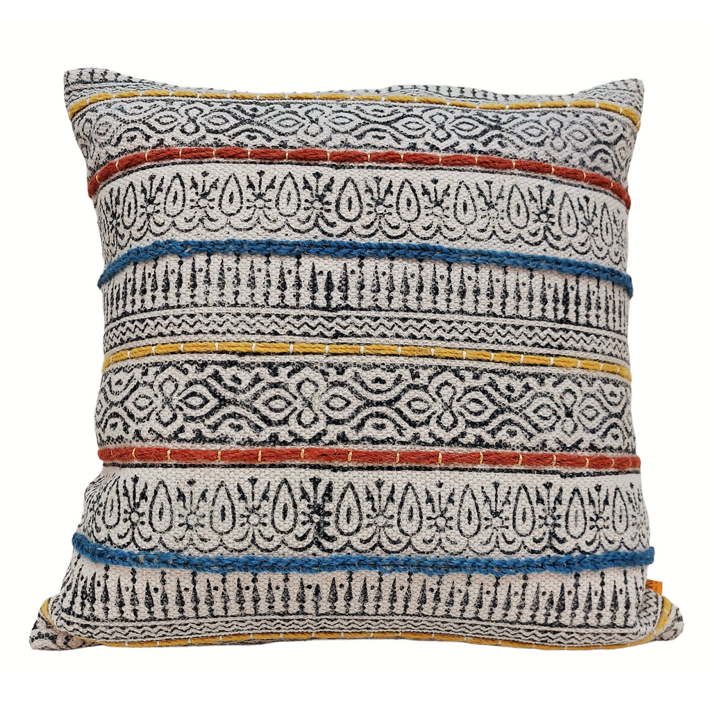 Perfectly Imperfect Chindi Block Printed Blue Cotton Cushion Cover Anav