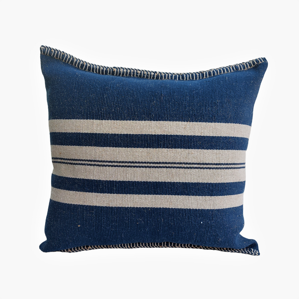 Neel Striped Blue Cotton & Jute Cushion Cover