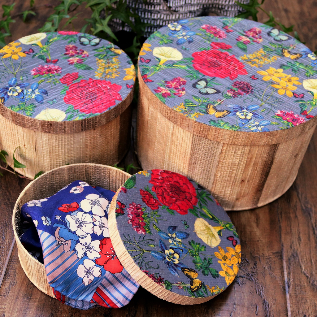 three Kela Round Storage boxes - Grey Floral.