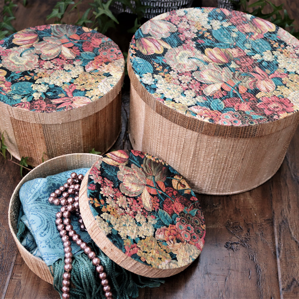 a set of three Kela Round Storage boxes - Blue Floral.